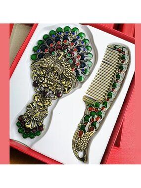Peacock themed Makeup Mirror and Comb Set Elegant Peacock Theme Retro Portable